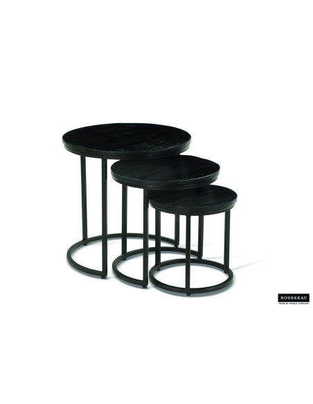 Tables basses gigognes rondes en manguier massif noir et métal noir Plano