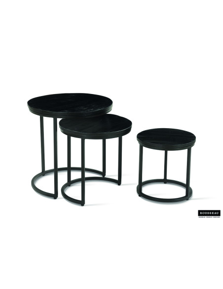 Tables basses gigognes rondes en manguier massif noir et métal noir Plano