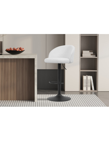 Tabouret de bar réglable en tissu bouclé blanc et métal noir 49 x 46 x 86 à 107 cm Arda