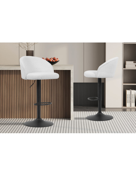 Tabouret de bar réglable en tissu bouclé blanc et métal noir 49 x 46 x 86 à 107 cm Arda