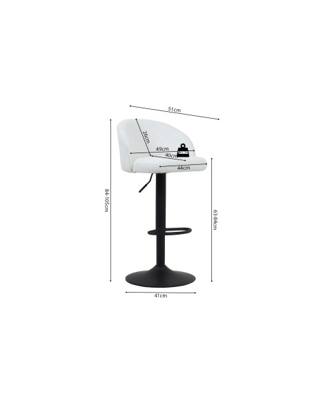 Tabouret de bar réglable en tissu bouclé blanc et métal noir 49 x 46 x 86 à 107 cm Arda