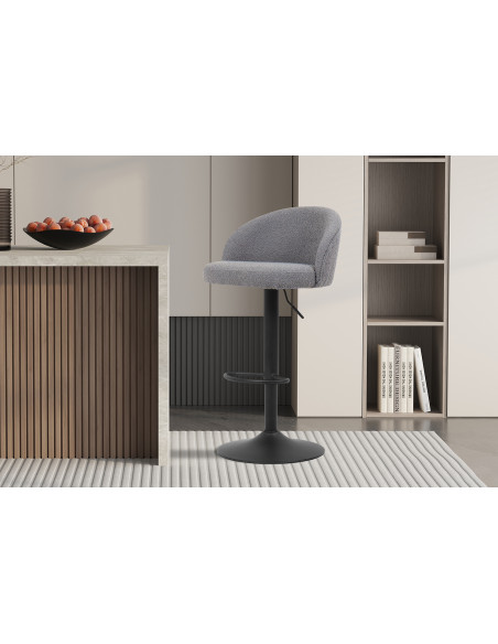 Tabouret de bar réglable en tissu bouclé gris clair et métal noir 49 x 46 x 86 à 107 cm Arda