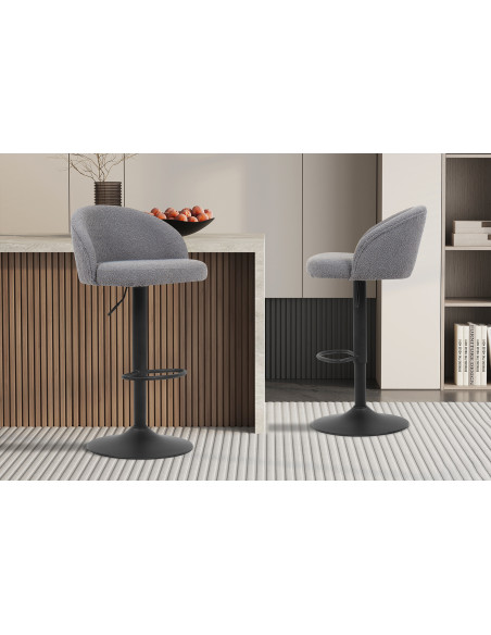 Tabouret de bar réglable en tissu bouclé gris clair et métal noir 49 x 46 x 86 à 107 cm Arda
