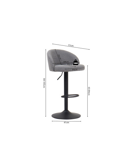 Tabouret de bar réglable en tissu bouclé gris clair et métal noir 49 x 46 x 86 à 107 cm Arda