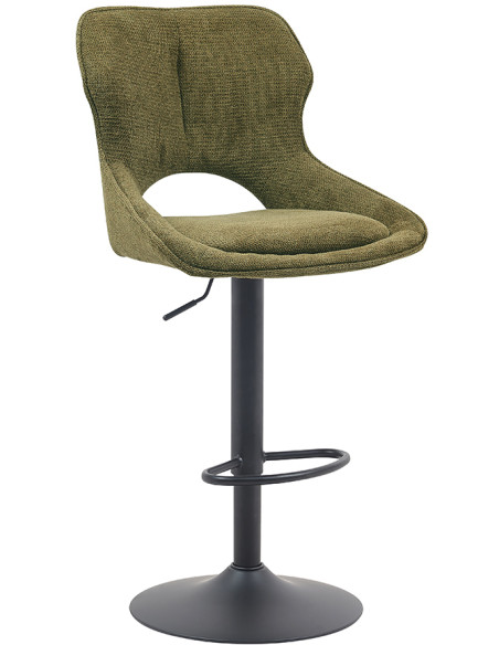 Tabouret de bar réglable en tissu vert olive recyclé et métal noir 51 x 53 x 100 à 121 cm Mori