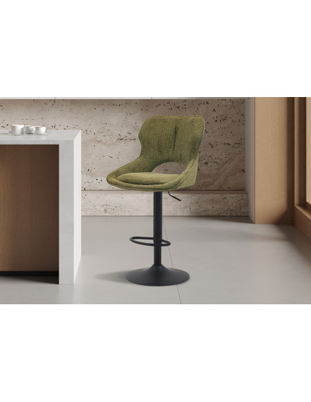 Tabouret de bar réglable en tissu vert olive recyclé et métal noir 51 x 53 x 100 à 121 cm Mori