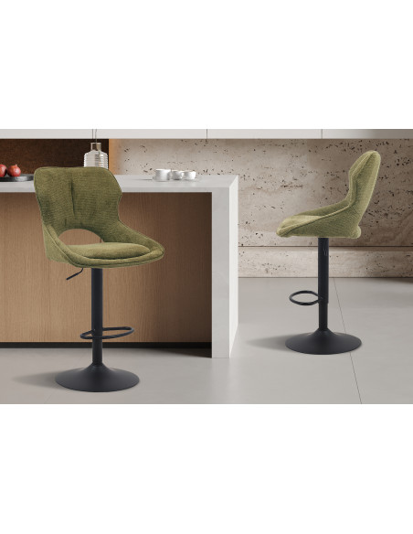 Tabouret de bar réglable en tissu vert olive recyclé et métal noir 51 x 53 x 100 à 121 cm Mori