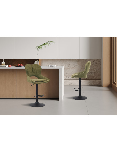 Tabouret de bar réglable en tissu vert olive recyclé et métal noir 51 x 53 x 100 à 121 cm Mori