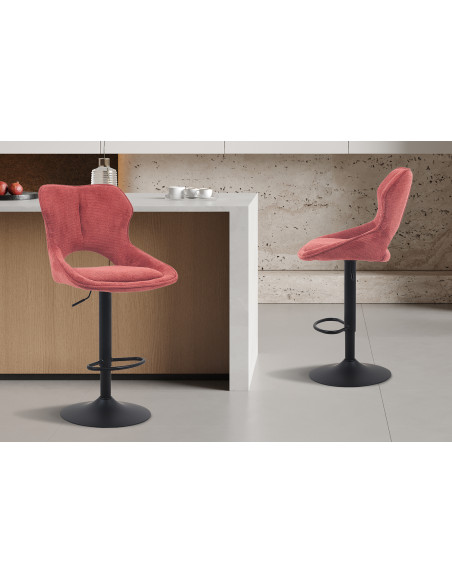 Tabouret de bar réglable en tissu rouge terracotta recyclé et métal noir 51 x 53 x 100 à 121 cm Mori