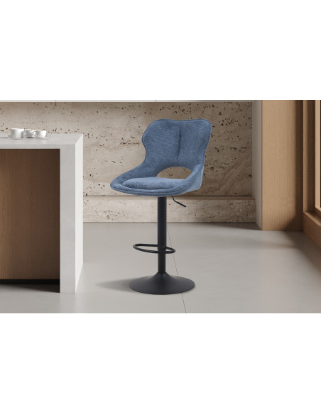 Tabouret de bar réglable en tissu bleu recyclé et métal noir 51 x 53 x 100 à 121 cm Mori