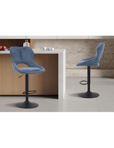 Tabouret de bar réglable en tissu bleu recyclé et métal noir 51 x 53 x 100 à 121 cm Mori