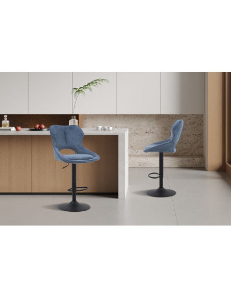 Tabouret de bar réglable en tissu bleu recyclé et métal noir 51 x 53 x 100 à 121 cm Mori