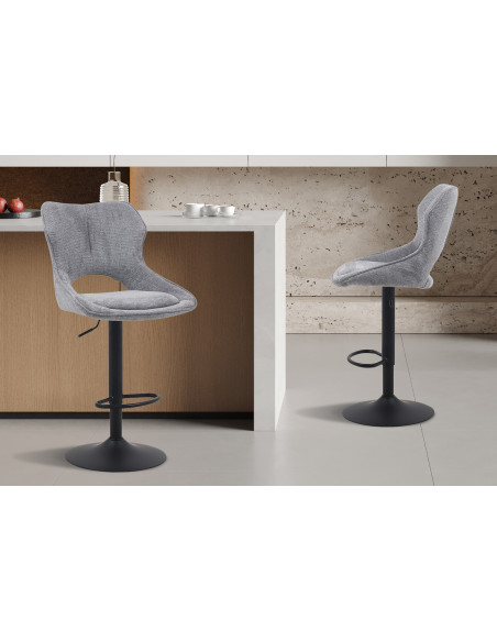Tabouret de bar réglable en tissu gris foncé recyclé et métal noir 51 x 53 x 100 à 121 cm Mori