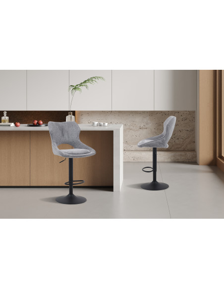 Tabouret de bar réglable en tissu gris foncé recyclé et métal noir 51 x 53 x 100 à 121 cm Mori