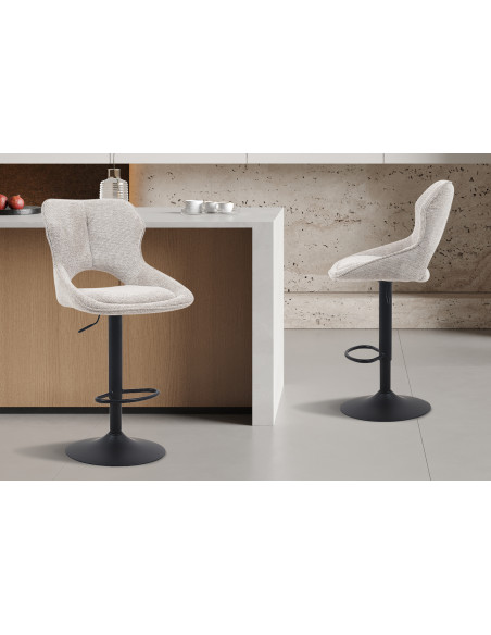 Tabouret de bar réglable en tissu gris clair recyclé et métal noir 51 x 53 x 100 à 121 cm Mori