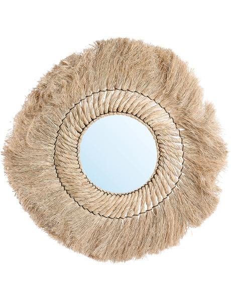 Miroir mural rond en rotin et fibres naturelles blondes...