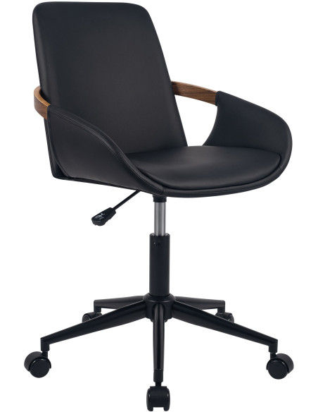 Fauteuil de bureau noir en polyuréthane, bois courbé noyer et métal 53 x 57 x 81 à 94 cm Virelta