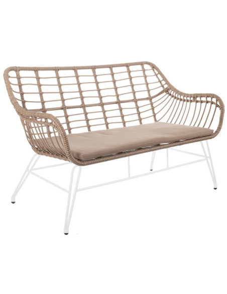 Fauteuil de jardin 2 places en rotin et acier blanc avec coussin polyester 121 x 62 x 76 cm Tavira
