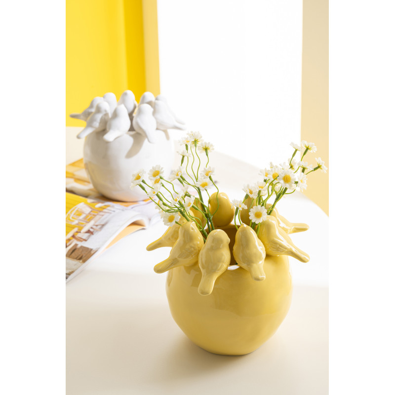 Vase oiseaux jaune clair en grès 21,5...