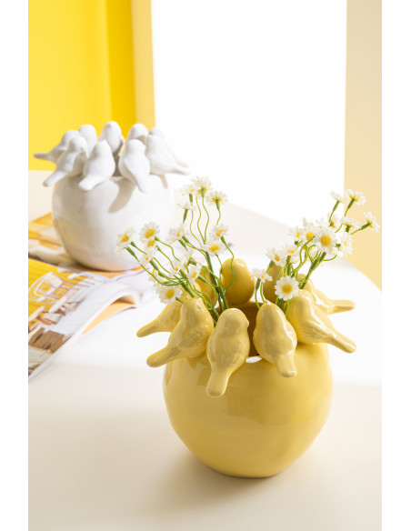 Vase oiseaux jaune clair en grès 21,5 x 21,5 x 19 cm Orielle