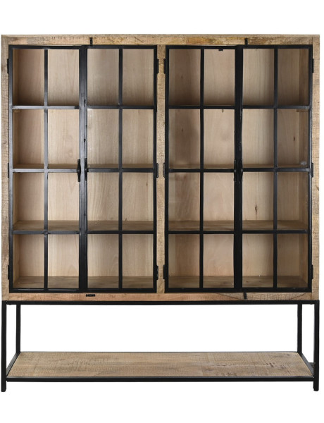Vitrine bibliothèque 4 portes naturelle en manguier métal noir et verre transparent 170x45x200 cm Madoria Item International - 2
