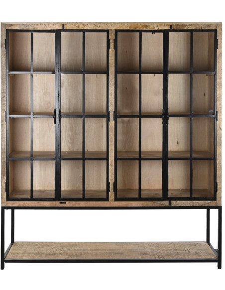 Vitrine bibliothèque 4 portes naturelle en manguier métal noir et verre transparent 170x45x200 cm Madoria