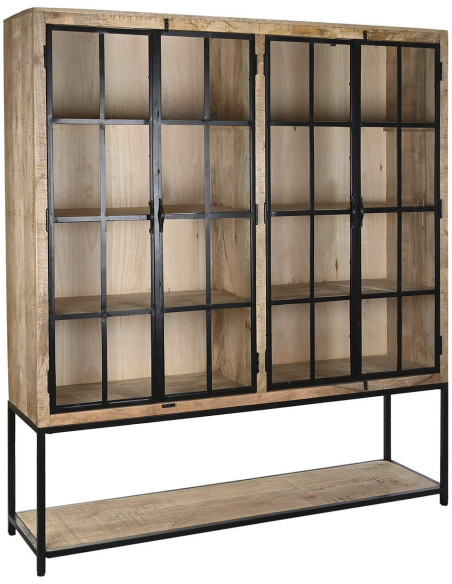 Vitrine bibliothèque 4 portes naturelle en manguier métal noir et verre transparent 170x45x200 cm Madoria
