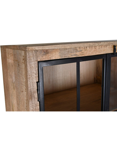 Vitrine bibliothèque 4 portes naturelle en manguier métal noir et verre transparent 170x45x200 cm Madoria