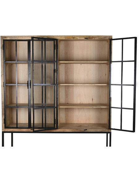 Vitrine bibliothèque 4 portes naturelle en manguier métal noir et verre transparent 170x45x200 cm Madoria