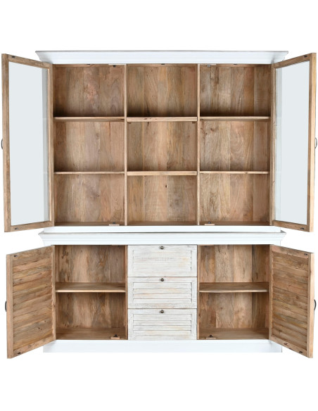 Vitrine vaisselier 4 portes blanc et naturel en manguier et verre transparent 180x45x220 cm Aveline