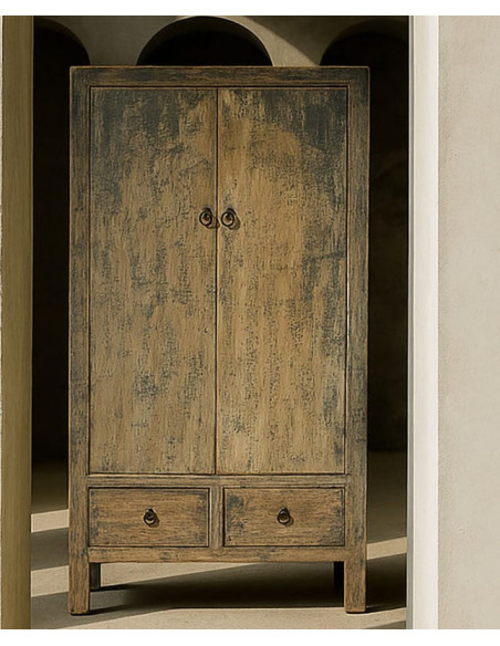 Armoire 2 portes 2 tiroirs vieillie en orme massif 100x50x200 cm Kyora