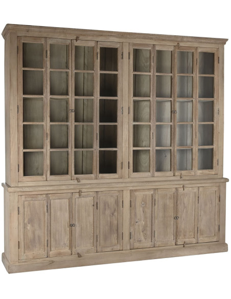 Vitrine vaisselier 8 portes naturelle en teck, manguier et verre transparent 270x43x244 cm Solmira