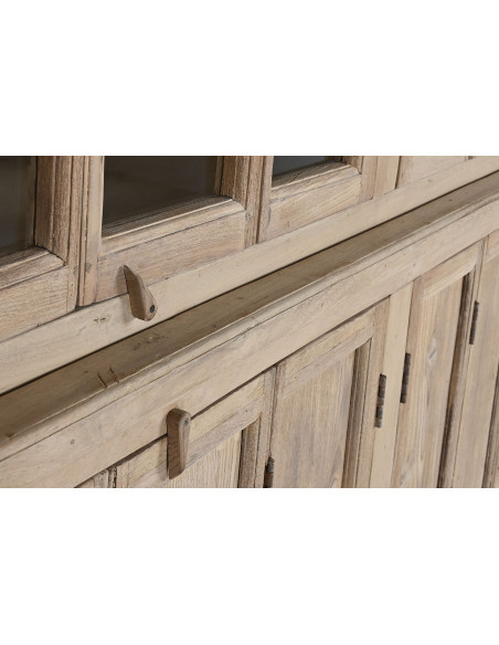 Vitrine vaisselier 8 portes naturelle en teck, manguier et verre transparent 270x43x244 cm Solmira
