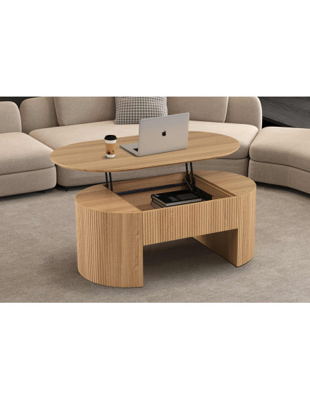 Table basse ovale plateau relevable en MDF finition chêne naturel 120x70x45 cm Lagos