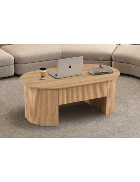 Table basse ovale plateau relevable en MDF finition chêne naturel 120x70x45 cm Lagos
