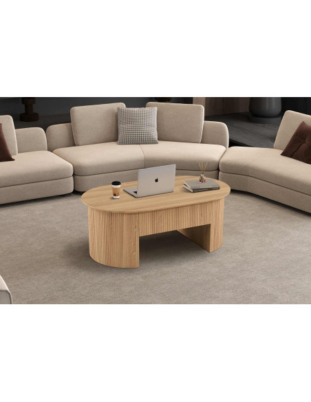 Table basse ovale plateau relevable en MDF finition chêne naturel 120x70x45 cm Lagos