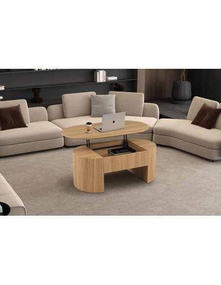 Table basse ovale plateau relevable en MDF finition chêne naturel 120x70x45 cm Lagos