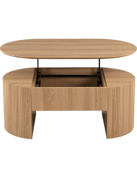 Table basse ovale plateau relevable en MDF finition chêne naturel 120x70x45 cm Lagos