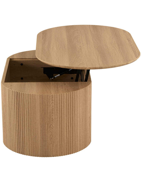 Table basse ovale plateau relevable en MDF finition chêne naturel 120x70x45 cm Lagos