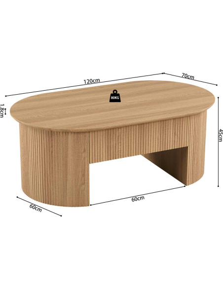 Table basse ovale plateau relevable en MDF finition chêne naturel 120x70x45 cm Lagos