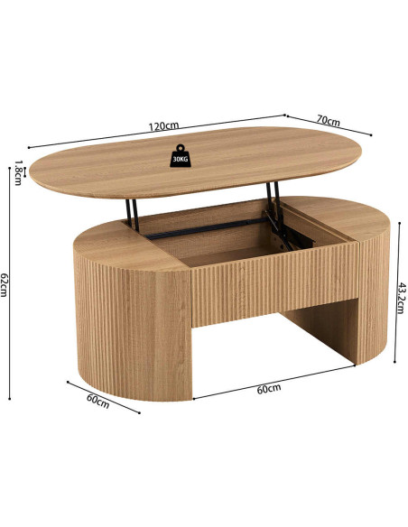 Table basse ovale plateau relevable en MDF finition chêne naturel 120x70x45 cm Lagos