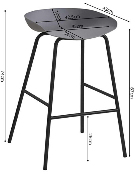 Tabouret de bar gris en polypropylène et métal noir 47,5x46x75 cm Anna