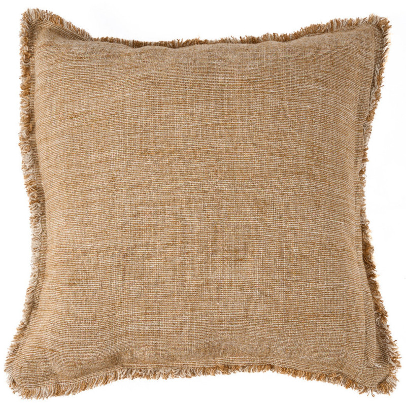 Housse de coussin en lin frangé brun...