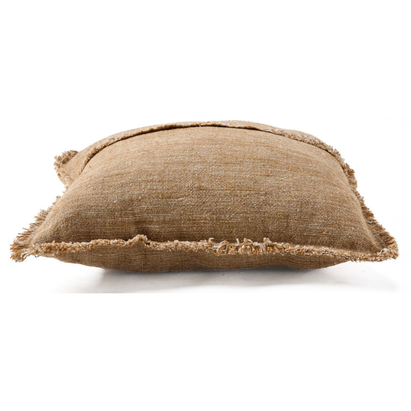 Housse de coussin en lin frangé brun...
