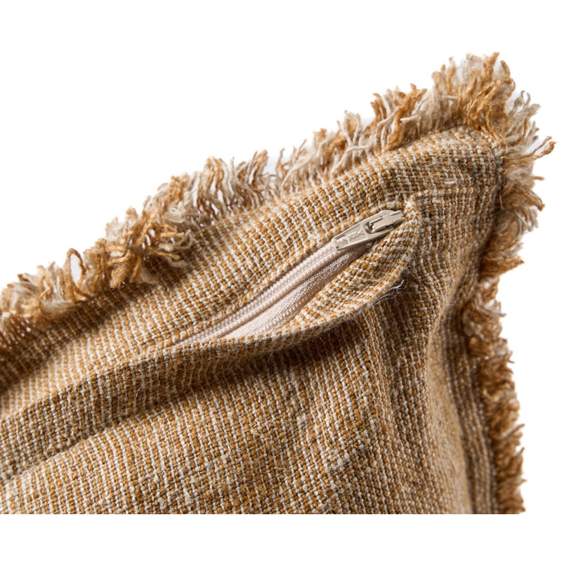 Housse de coussin en lin frangé brun...