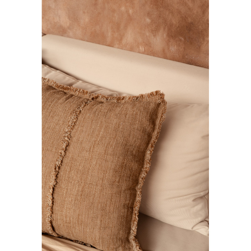 Housse de coussin en lin frangé brun...