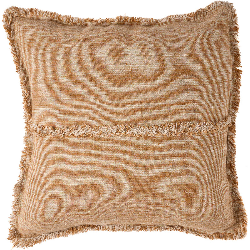 Housse de coussin en lin frangé brun...