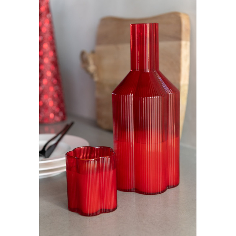 Carafe à eau en verre rouge cannelé...