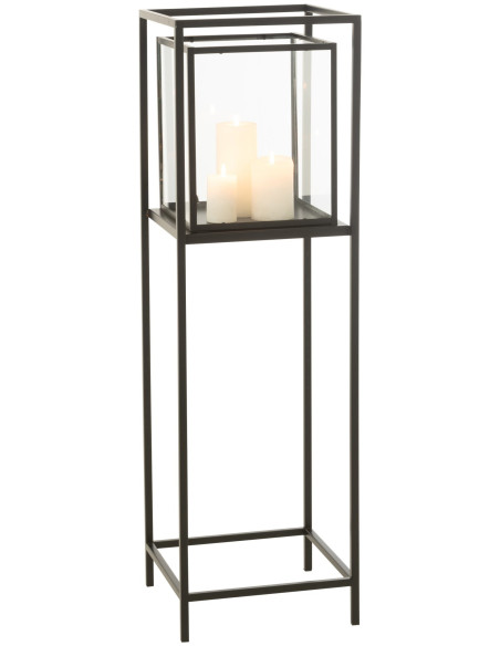 Lanterne photophore sur pied en métal noir et verre transparent 30x30x100 cm Solenne