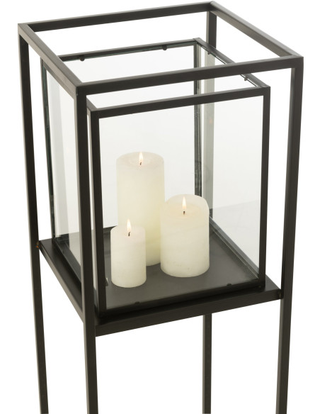Lanterne photophore sur pied en métal noir et verre transparent 30x30x100 cm Solenne